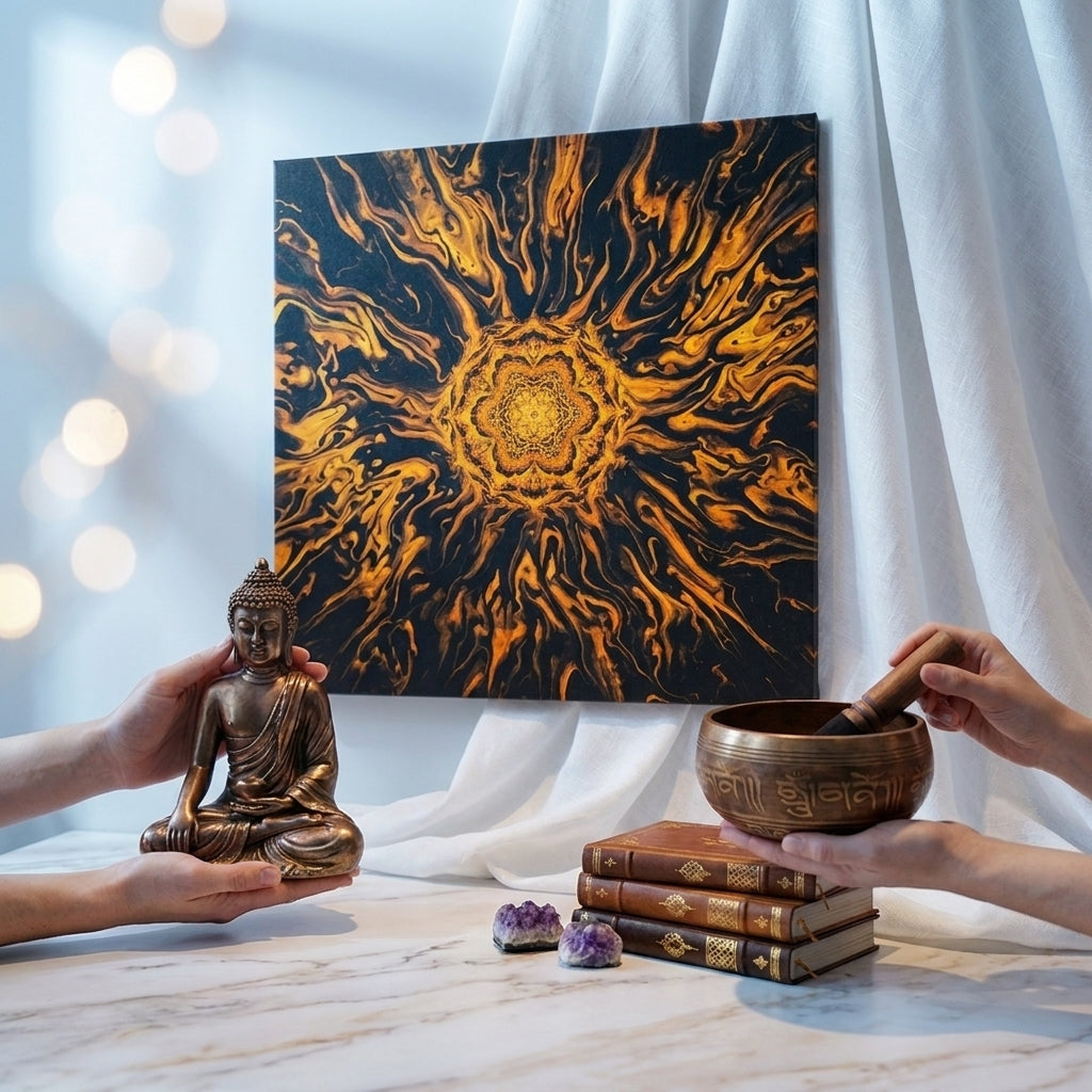 Sacral Flow • 417Hz Canvas | Create a striking image showcasing my products in a calming, ambient setting that emphasizes emotional connection.